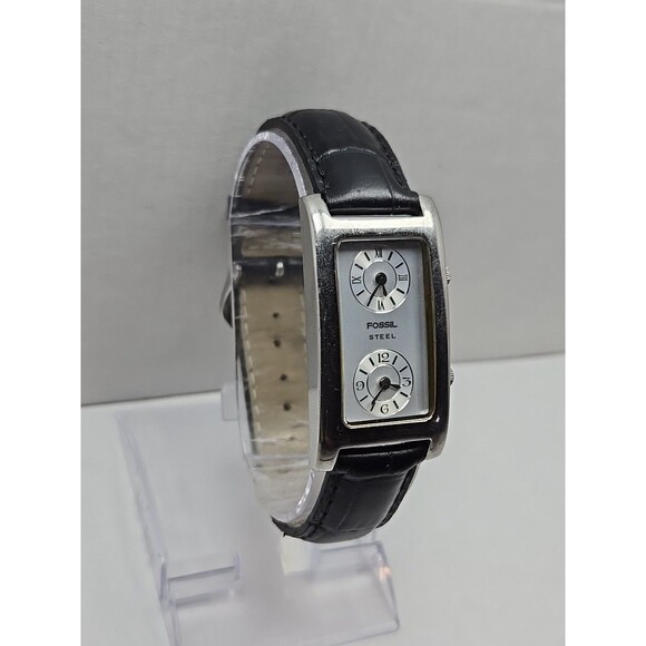 Fossil Steel Dual Time Tank 23mm Watch Silver Black Leather Quartz New Battery - Picture 3 of 13